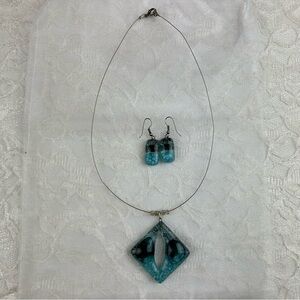 Aruban Artisan Handmade Glass Design Drop Earrings & Matching Necklace Set Glam
